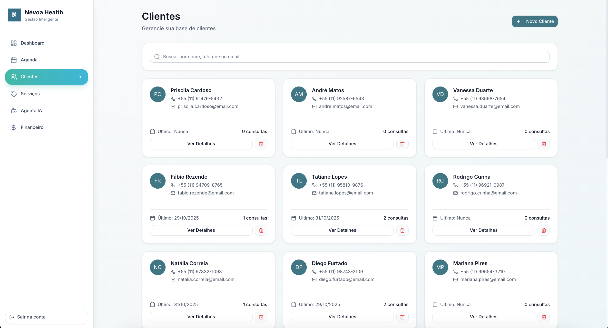 Lista de clientes com informações de contato, última consulta e número de consultas